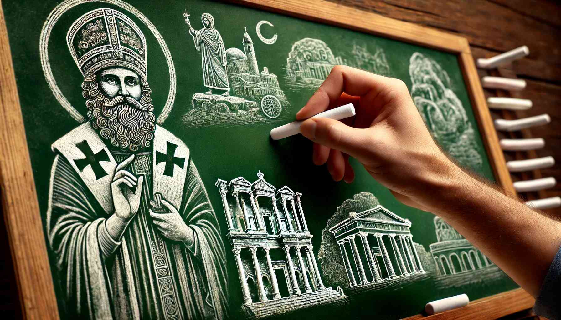 A person’s hand drawing St. Nicholas, the Myra Ancient Theatre, and an ancient structure on a green chalkboard with white chalk. The scene focuses on historical sketches in a classroom setting.